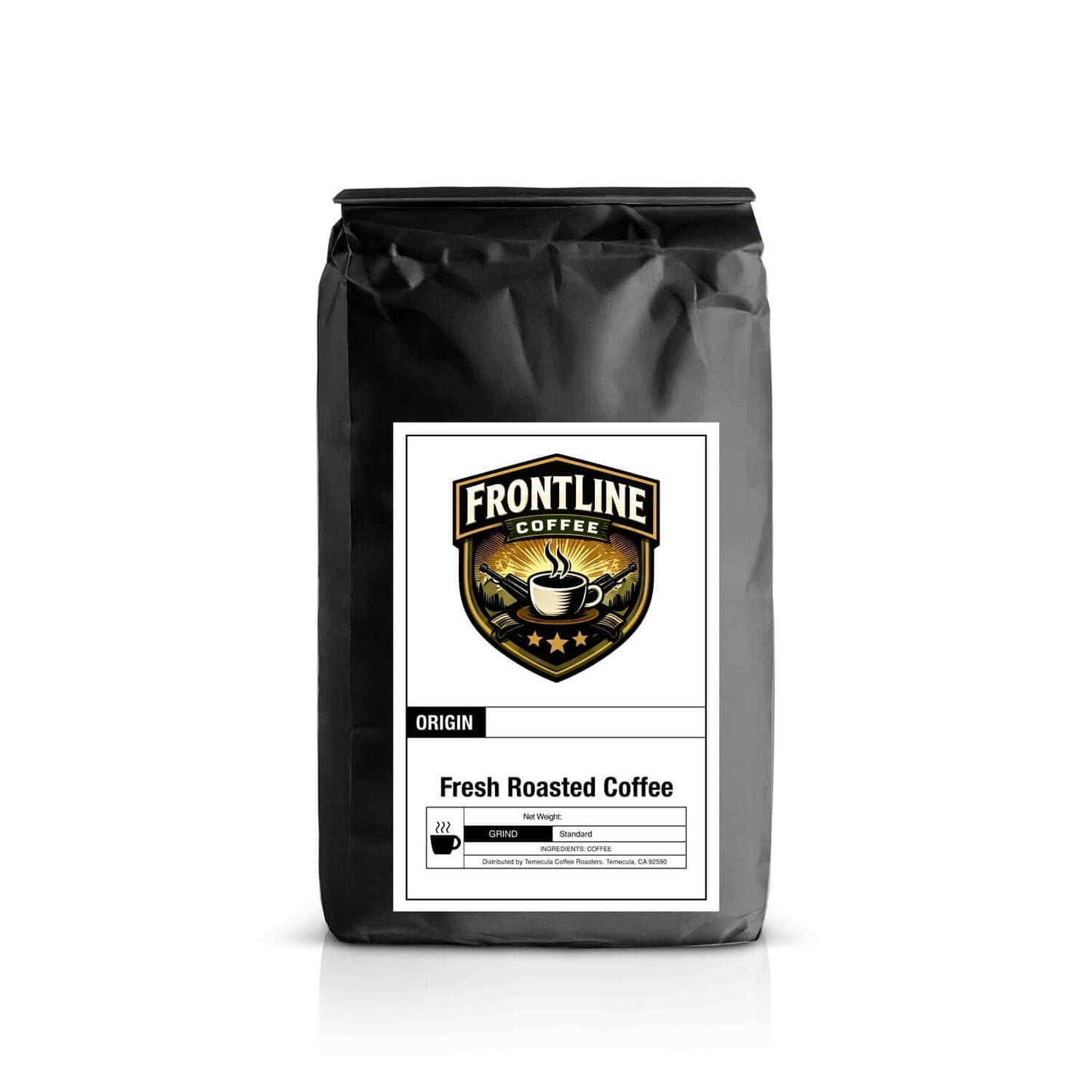 A bag of FrontLine Coffee's Honduras Single Origin Coffee whole bean coffee next to a clear glass pour-over showcasing the brew's bright, golden color and clarity, with coffee cherries in the background.